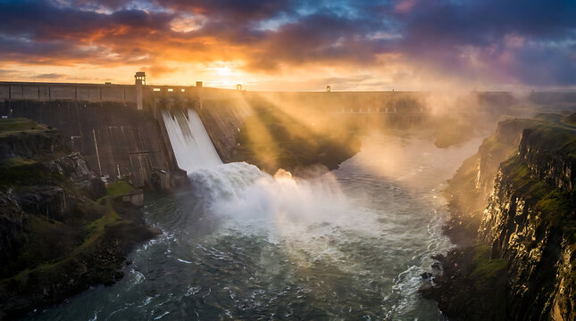 Powerful waterfall cascading down a canyon with sunlight rays