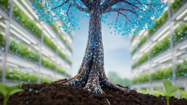Digitally enhanced tree growing in a cultivated environment representing technology and nature