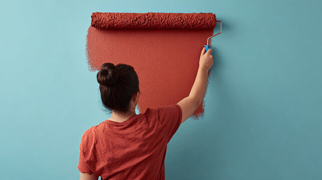 Young woman painting wall with roller, applying terracotta color over blue surface Home improvement project, DIY renovation, interior design, creative transformation, artistic expression, focus and ch