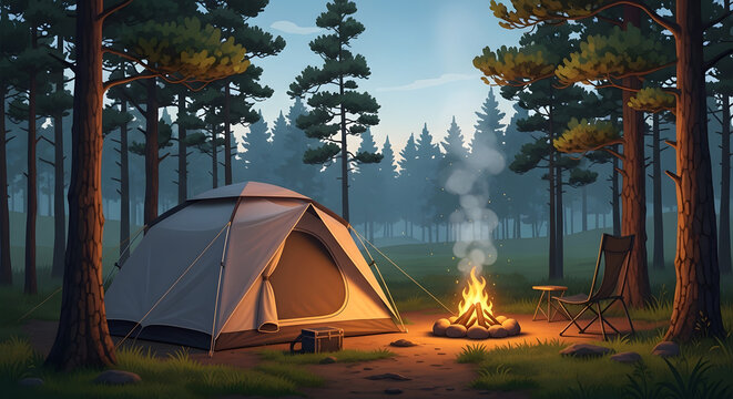 Peaceful Camping Setup with Chair Table and Smoke Rising in Woodland Exploration