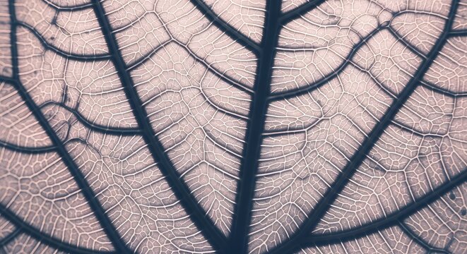 Macro view of leaf vein patterns and skeletal structure. Natural network and organic design concept. Intricate botanical details showing cell textures in soft lighting.