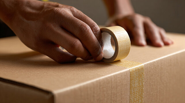 African American hands sealing cardboard box with adhesive tape, preparing parcel for shipping or moving Concept of logistics, delivery, ecommerce, small business, packaging, and home organization tas