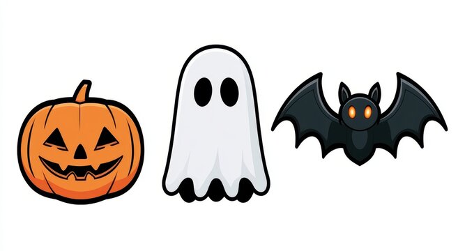 Set of three Halloween icons featuring a carved orange jack o lantern pumpkin a white ghost character and a black bat with glowing orange eyes isolated on a white background