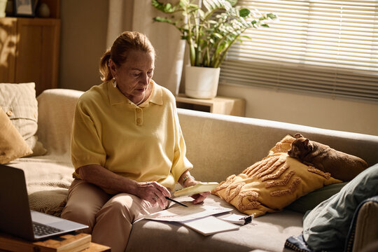 Senior woman reviewing bills and using calculator on sofa beside laptop, managing household budget and retirement finances. Ideal for personal finance, pension planning, cost of living content