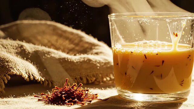 Warm saffron tea in a glass cup with saffron threads on a table