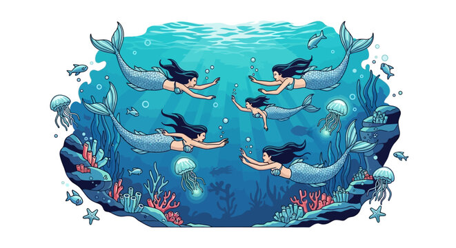 Six mermaids swimming gracefully in a vibrant underwater world with coral, jellyfish, and fish.