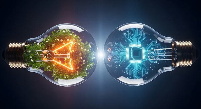 Conceptual image of nature and technology merging in light bulbs