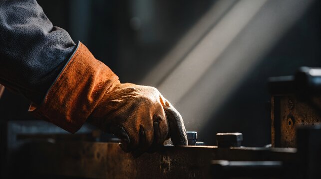 Engineer at work using tool on machine in dramatic light industrial setting close-up perspective