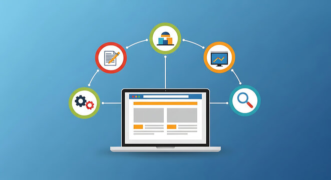 A laptop displays a webpage with various icons and symbols around it on a blue background