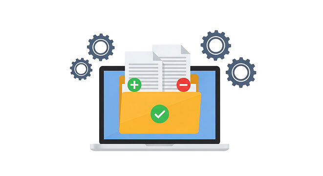 A laptop displays a yellow file folder with papers and symbols on the screen surrounded by gears.
