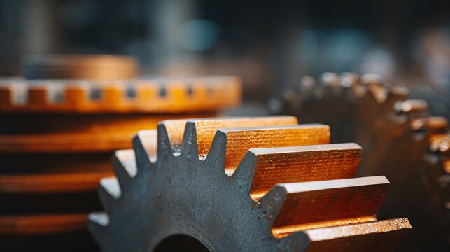 Industrial gear mechanisms factory setting high-resolution image warm lighting close-up perspective metal elements