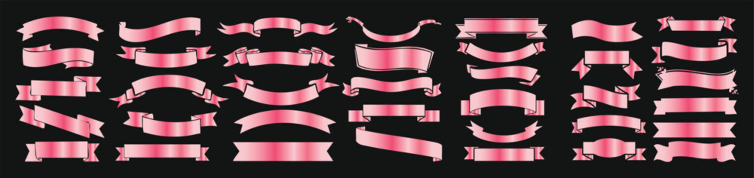 Hand drawn ribbon banner set vector pink gradient scroll labels for logo and branding design on black background