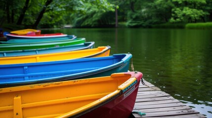 Obraz premium Colorful Rowboats Lined Up by Calm Water in a Serene Park Setting Surrounded by Lush Green Trees and Peaceful Nature
