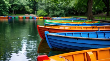 Obraz premium Colorful Wooden Boats Lined Up at Peaceful Park Lake Surrounded by Greenery and Reflections in Calm Water