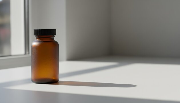 Magnesium glycinate supplement bottle standing on a bright white windowsill