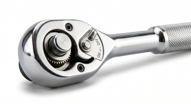 Close-up of a reversible ratchet handle with knurled grip isolated on white.