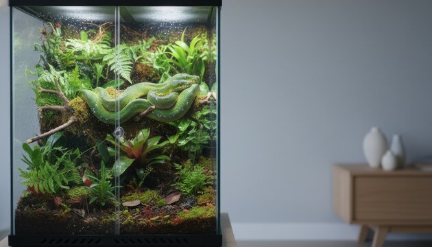 Emerald tree boas resting inside a lush tropical glass terrarium habitat