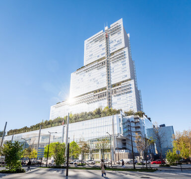 Paris, France - April 7, 2026: East view of the Tribunal de Paris (Courthouse of Paris) housed in a 38 storeys, 160 metres high building designed by italian architect Renzo Piano and achieved in 2017.