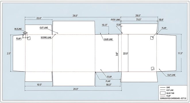 Cardboard box blueprint with measurements and structural elements