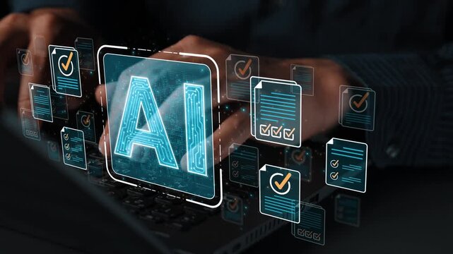 Hands Typing on Laptop with Digital AI Graphics Displaying Files, Checkmarks, and Futuristic Technology Concept for Artificial Intelligence Applications Sigmoid