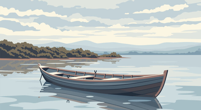 Serene lake landscape vector illustration featuring a solitary wooden boat floating peacefully on calm waters with a distant tree line and gentle hills under a cloudy sky