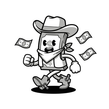 Cartoon money character dressed as a cowboy running with cash.