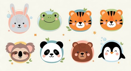 Obraz premium Cartoon animal faces collection bunny frog tiger koala panda bear and penguin