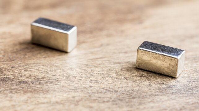 repulsing. Two square magnets with identical poles repelling on a smooth wooden surface, minimalist. STEM education sheets.
