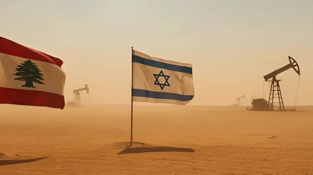flags of lebanon and israel in desert with oil pump jacks 3d simulation