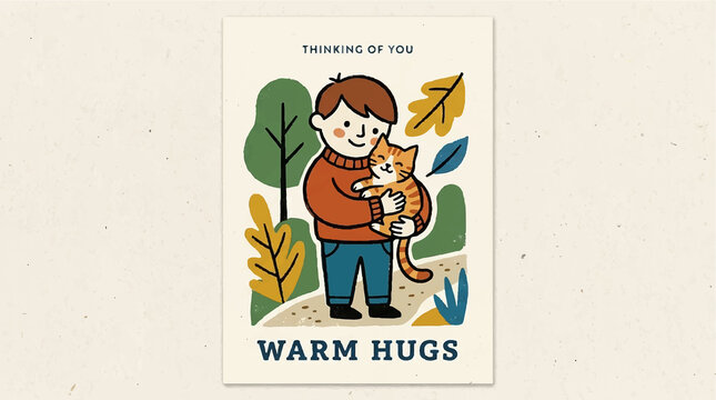 Warm hugs thinking of you greeting card with boy and ginger cat illustration