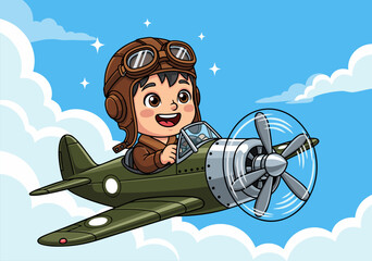 Cute Young Boy Wearing Aviator Hat and Goggles Flying a Retro Airplane in the Sky - Vector Illustration © Purnomo