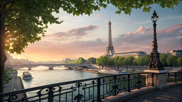 sunset over paris eiffel tower seine river romantic cityscape travel destination