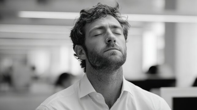 Man in white shirt with closed eyes appears stressed or deep in thought in a blurred office environment.