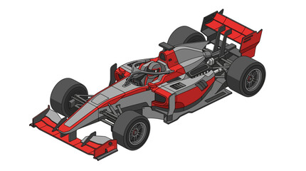 Fototapeta premium Isometric illustration displays a red and gray race car from a high angle, set against a plain white backdrop, rendered with clean lines and a modern, minimalist aesthetic