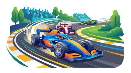 Fototapeta premium Isometric vector illustration of race cars speeding around a curved racetrack with blurred motion, showcasing bright primary colors and a dynamic perspective against a white background