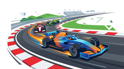 Fototapeta premium Isometric illustration shows a vibrant blue and orange race car leading the pack on a winding track, with other cars following behind and a grandstand in the background, conveying speed