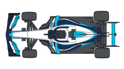 Fototapeta premium Overhead vector illustration of a Formula One race car featuring blue and white livery, showcasing aerodynamic design and high-performance engineering, set against a clean white background