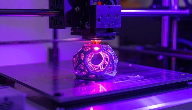 Modern 3d printer creating a complex geometric object with purple neon lighting for industrial prototyping and advanced manufacturing process.