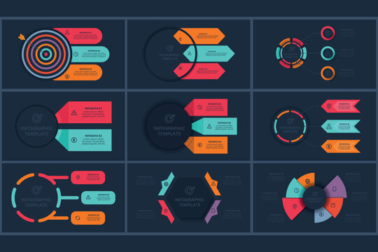Set infographic with 2, 3, 6 steps, options, parts or processes. Template for web on a black background.