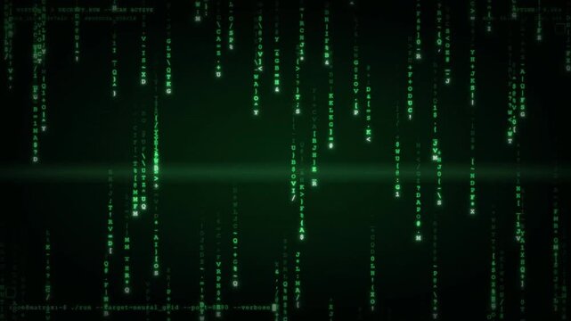 Falling green matrix code rain on dark background with hacker terminal text animation