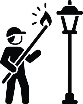 A black and white icon depicting a lamplighter igniting a street lamp with a torch.