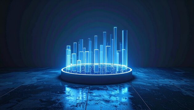 Futuristic glowing blue data visualization platform featuring digital bar charts on a reflective dark surface for technology concepts.