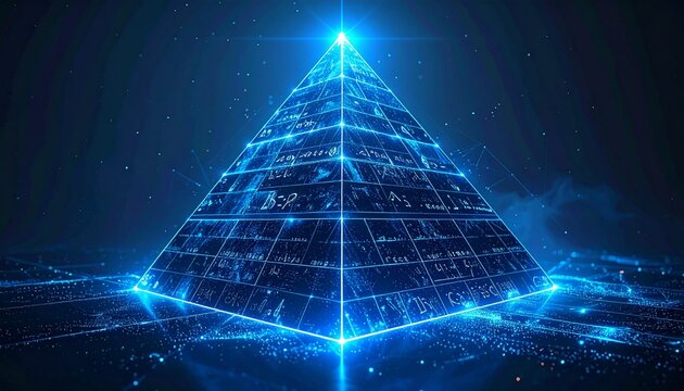 A glowing blue digital pyramid featuring abstract mathematical symbols and futuristic data connections representing advanced technology concepts.