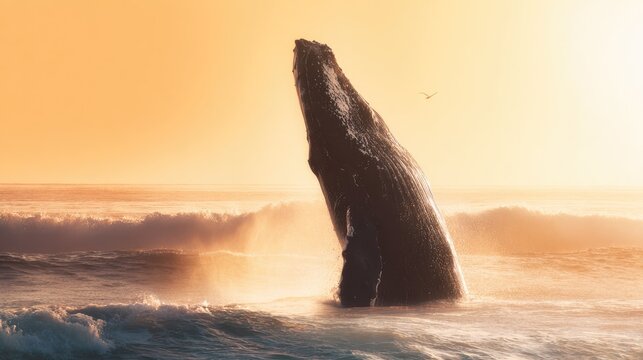 dovekie. A whale breaching the ocean surface at sunset with a plume of mist. inspiring travel planning, wildlife magazines, designed for wildlife conservation campaigns, used by project managers.