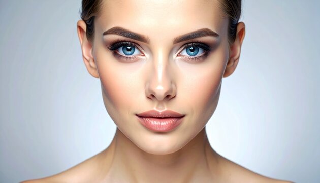 A beautiful young woman with flawless skin and piercing blue eyes looking at the camera for a professional beauty or skincare portrait.