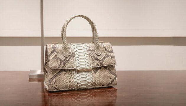 Luxury snakeskin python leather handbag featuring a structured top handle and metallic clasp, displayed on a polished dark wood surface against a neutral background.