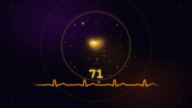Glowing heart rate monitor with golden pulse waveform showing 72 BPM vital signs display