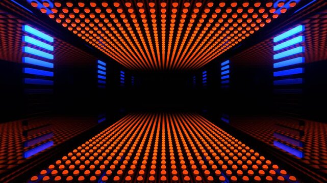 Orange and Blue Futuristic Tunnel with Glowing Dot Grid and Light Panels Background VJ Loop in 4K