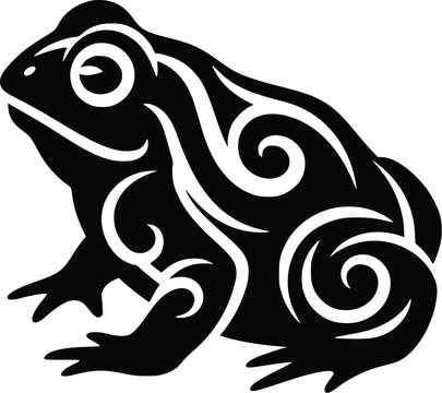 A stylized black tribal frog silhouette with intricate swirling white patterns adorning its body, presented on a white background.