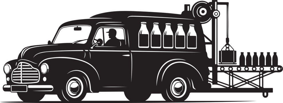 Vintage milk truck, dairy delivery van, black and white illustration, milkman transport